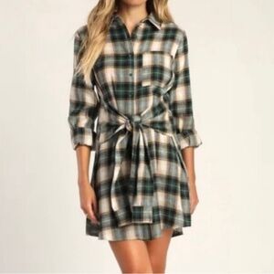 Lulus Pick Of The Patch Plaid Shirt Dress with Tie Waist Size Small